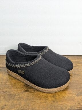 Haflinger Zigzag Grizzly Felt Clogs 36 US 5.5 6 Charcoal Black Wool Comfort Scan